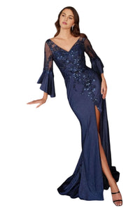 Evening Gala Gown 2025 V-Neck Embroidery Bell Sleeves Long Dress - NAVY / M - Dress