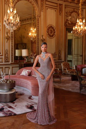 Chic and Holland HF110704 Plunging V-Neck Spaghetti Strap Pearl-Embellished Sheath Evening Gown with Peplum