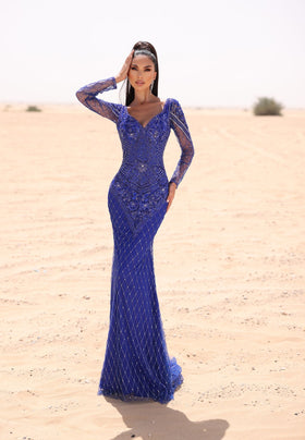 Chic and Holland EW990023 V-Neck Long Sleeve Evening Gown