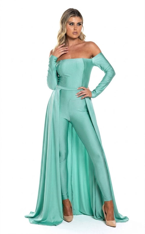 Off Shoulder Long-Sleeve Evening Jumpsuit with Open Lace-Up Back by Jessica Angel 877