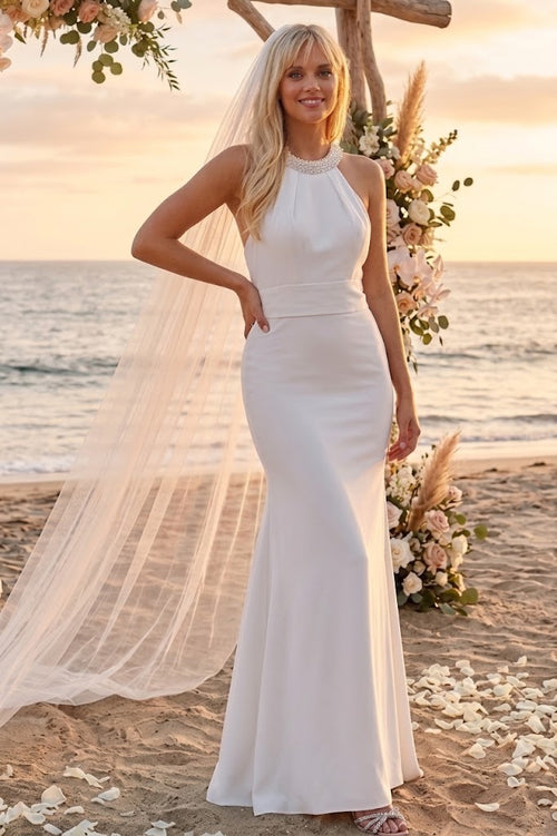 Eva USA 3408 Bridal Long Beaded Halter Wedding Dress
