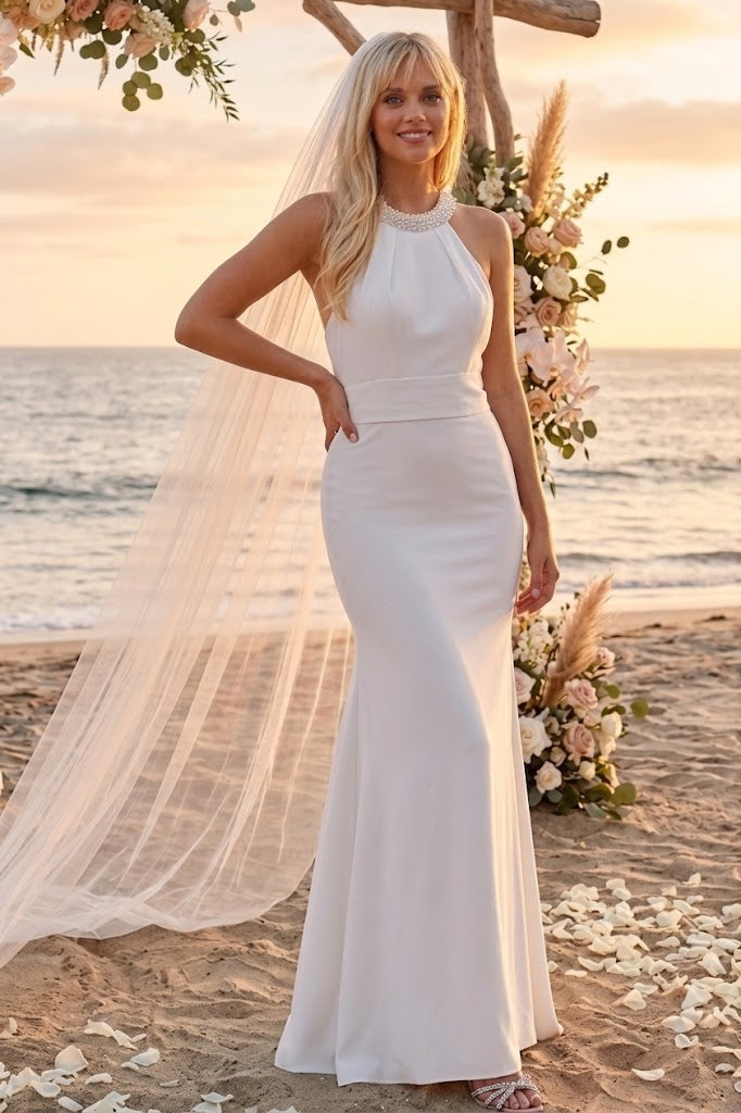 Eva USA 3408 Bridal Long Beaded Halter Wedding Dress