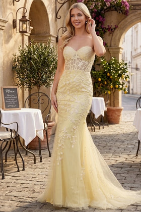 Amelia Couture 7024Y Strapless Floral Embroidered Yellow Prom Dress