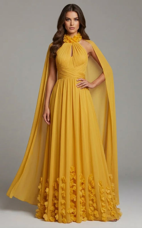 Halter Neck Chiffon Gown with Cape Back Floral Appliqué & High Slit Formal Dress by Jovani 42861