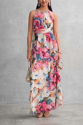 Fuchsia Floral High Neck Special Occasion Dress with Ruffle Detail and Chiffon by R&M Richards 3428