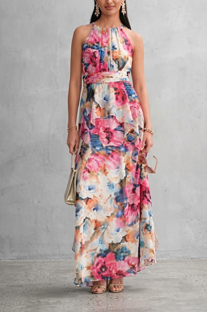 Fuchsia Floral High Neck Special Occasion Dress with Ruffle Detail and Chiffon by R&M Richards 3428