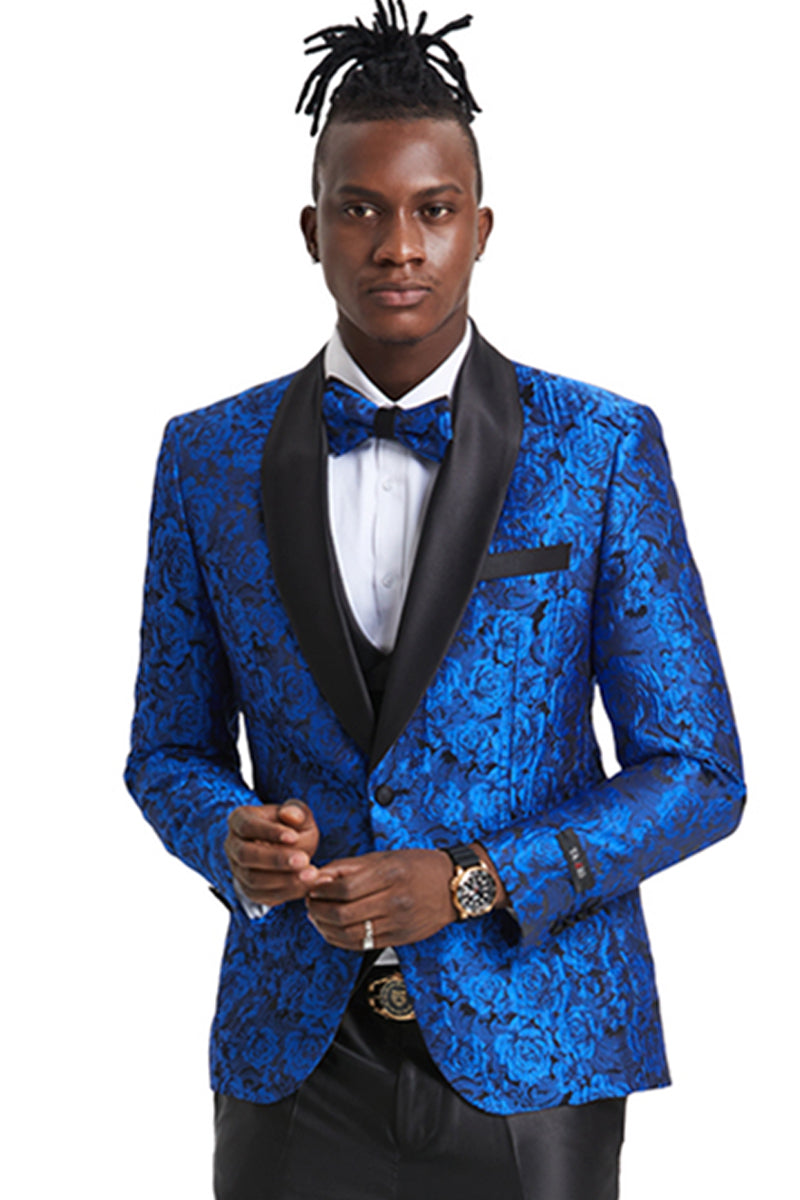 Esmoquin de graduación para hombre, de un botón, corte entallado, con estampado floral brillante de cachemira, en azul real.