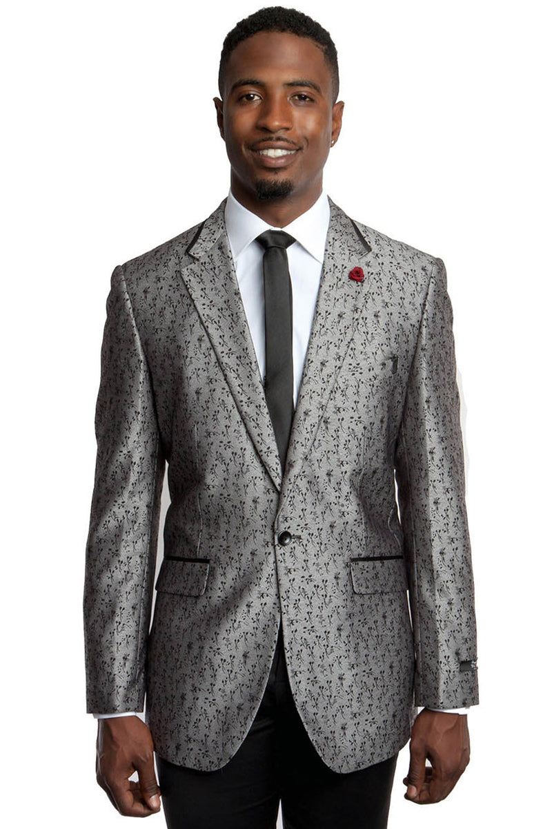 Blazer ajustado de un botón con estampado floral brillante a tono para hombre en gris plateado