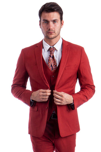 Traje básico liso de dos botones para hombre, corte entallado, con chaleco, color ladrillo