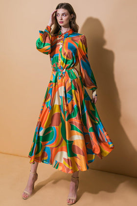 Flying Tomato 20532 Blue Fuchsia Printed Long Sleeve Midi Dress