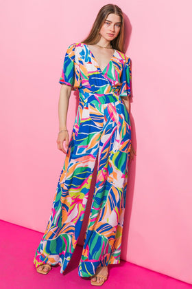 Flying Tomato 7876 Blue Floral Print Short Sleeve Jumpsuit