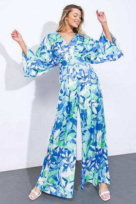 Flying Tomato 8347 Blue Floral Print Long Sleeve Jumpsuit