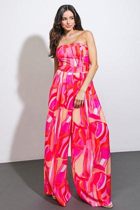 Flying Tomato 8405 Fuchsia Strapless Printed Jumpsuit