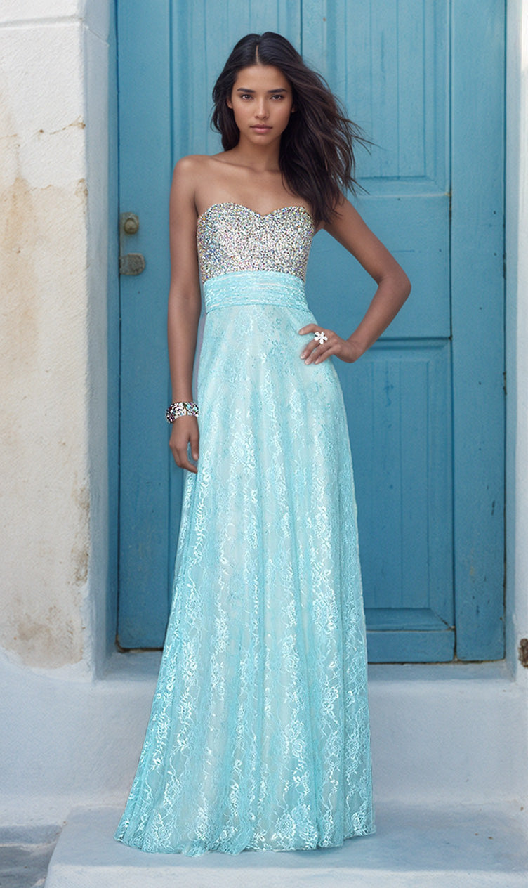 La Femme-Full Length Sweetheart Open Back Lace Gown