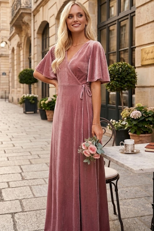 Eva USA 3432 Velvet Gown with Flutter Sleeves