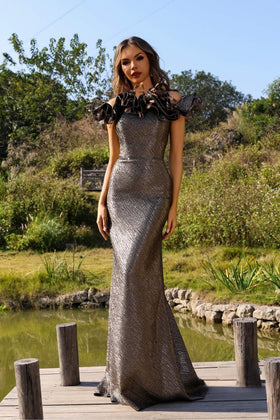 Terani Couture 252E5156 Glamorous Formal Off-Shoulder Peplum Metallic Jacquard Dress