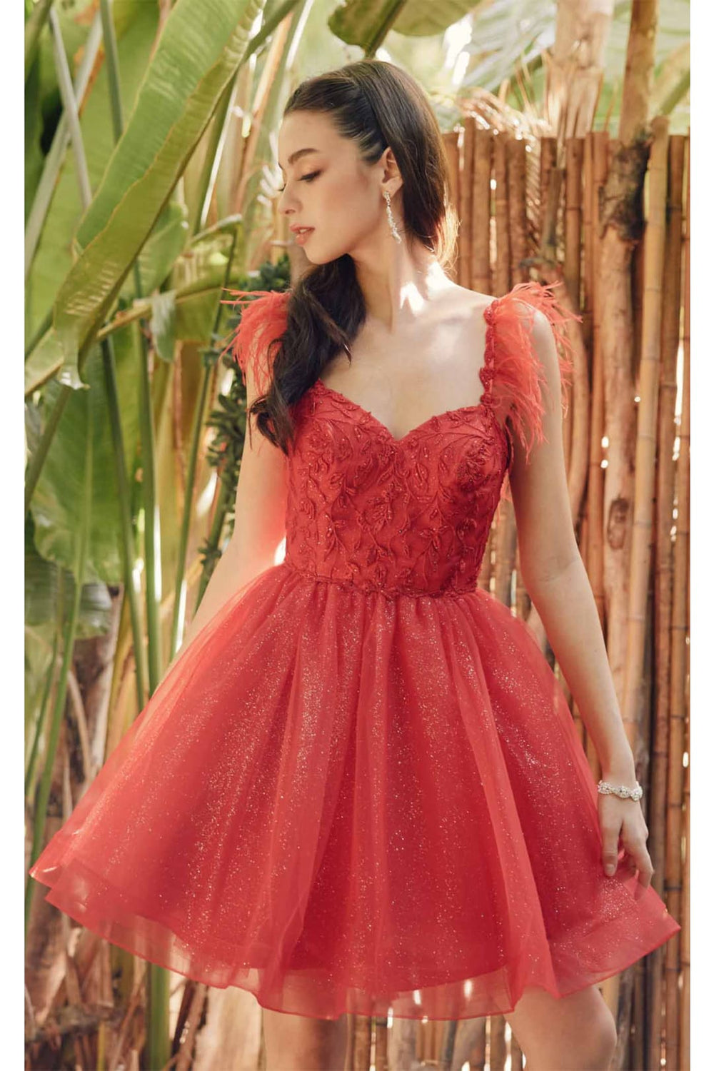 Red Bridesmaid Dresses-Inexpensive Feather-Embellished by Juliet 881 Red / XS