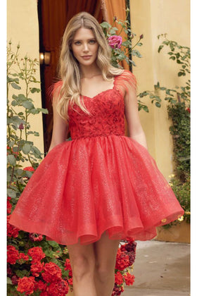 Feather-Embellished Ornate Cocktail Dress by Juliet 881