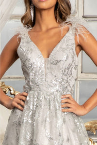 Feather Glitter Print Gown by Elizabeth K GL3048 - Long Formal Dresses