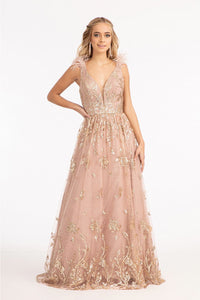 Feather Glitter Print Gown by Elizabeth K GL3048 - XS / Mauve - Long Formal Dresses