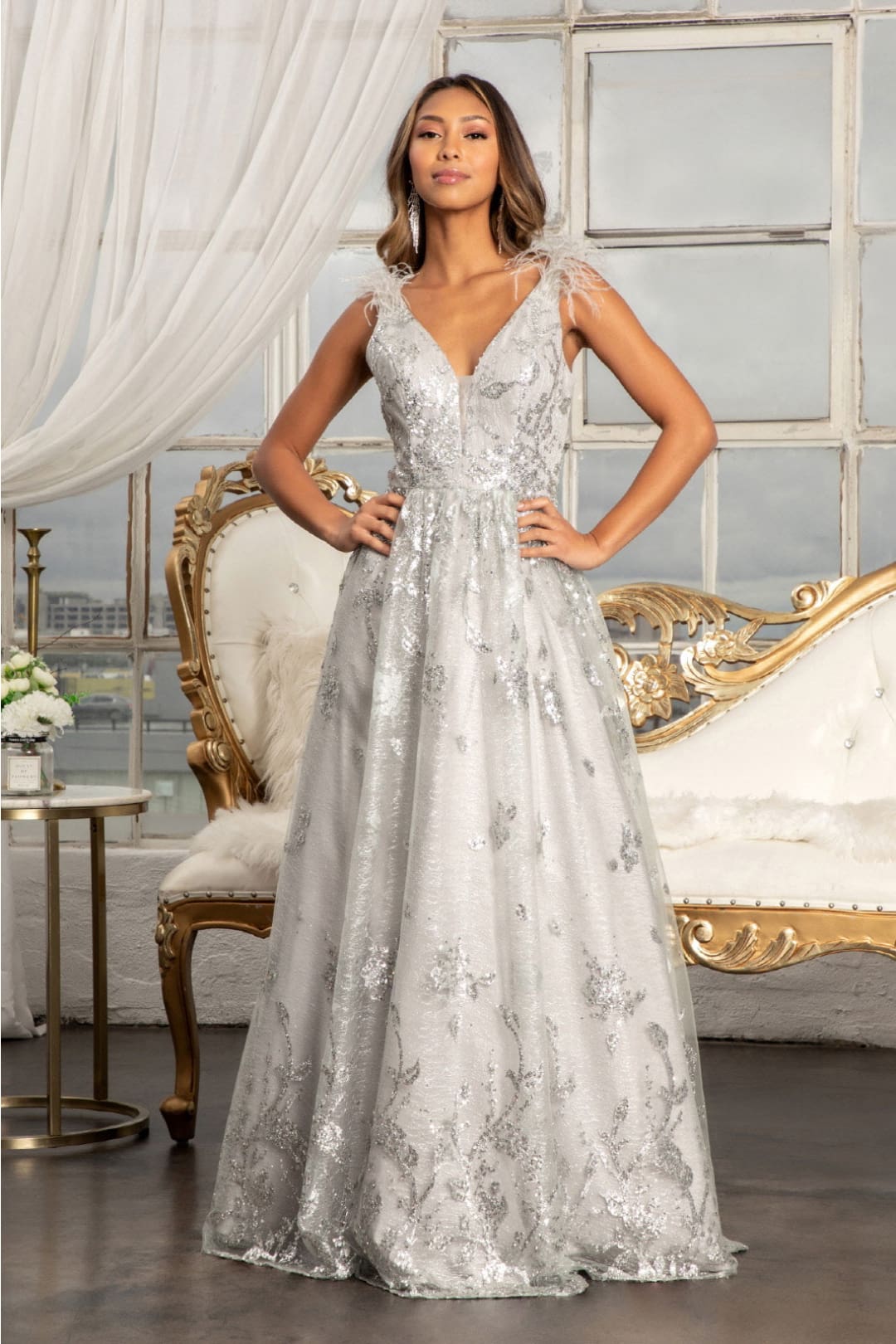 Feather Glitter Print Gown by Elizabeth K GL3048 - XS / Silver - Long Formal Dresses