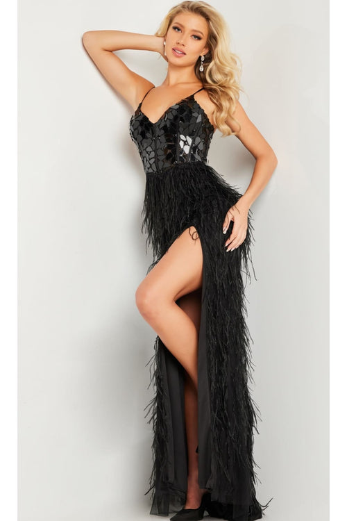 Feather Long Sequin Prom Dress: Jovani 37435 - Apparel & Accessories > Clothing > Dresses