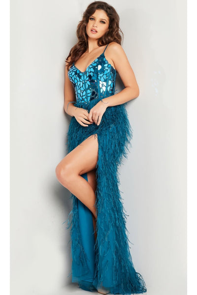 Feather Long Sequin Prom Dress: Jovani 37435 - Teal / Apparel & Accessories > Clothing > Dresses