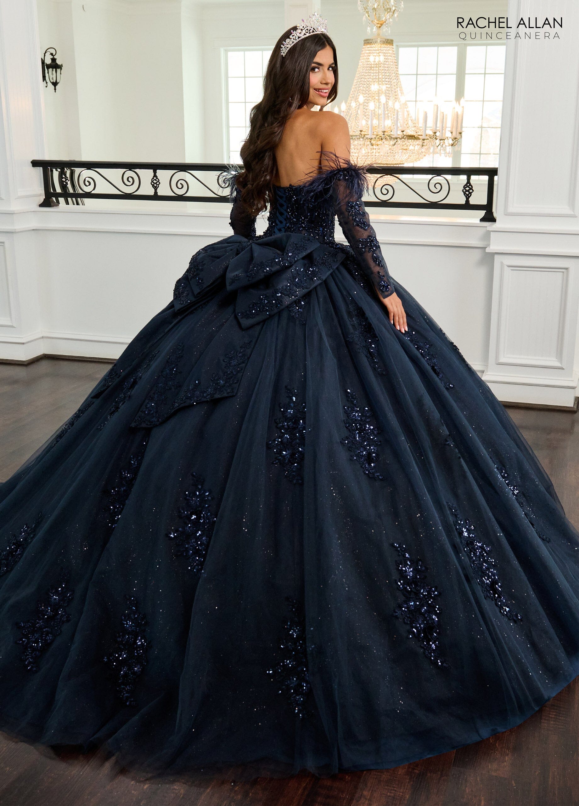 Rachel Allan RQ2171 Feather Long Sleeve Quinceanera Dress