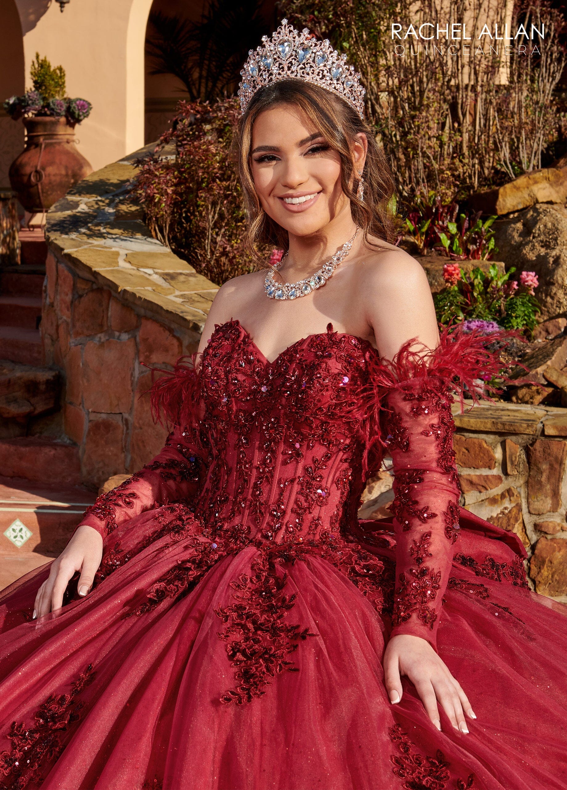 Rachel Allan RQ2171 Feather Long Sleeve Quinceanera Dress