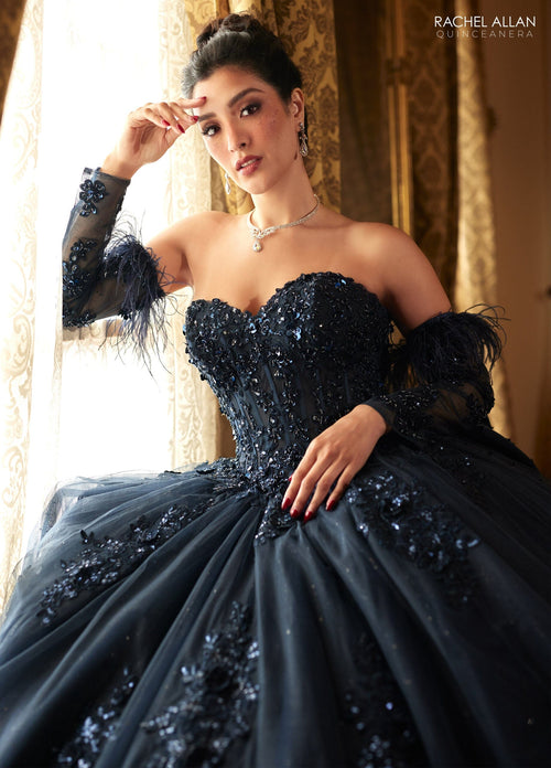 Rachel Allan RQ2171 Feather Long Sleeve Quinceanera Dress