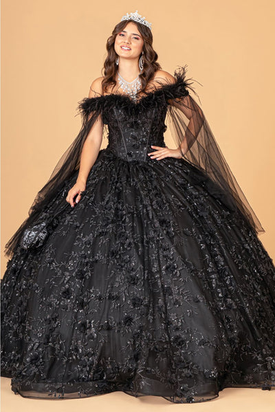 Feather Off Shoulder Ball Gown by Elizabeth K GL3101 - XS / Black - Quinceanera Dresses