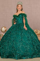 Feather Off Shoulder Ball Gown by Elizabeth K GL3101 - XS / Green - Quinceanera Dresses
