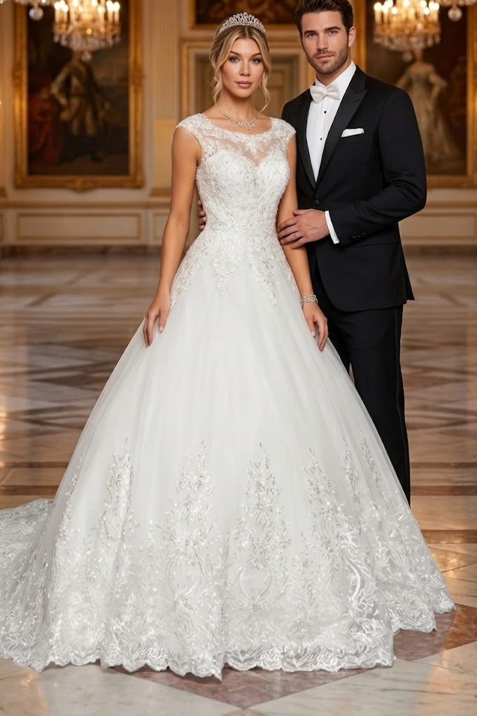 DeKlaire 456 Scoop Neck A-Line Wedding Dress – Cap Sleeves & Chapel Train Ivory / S