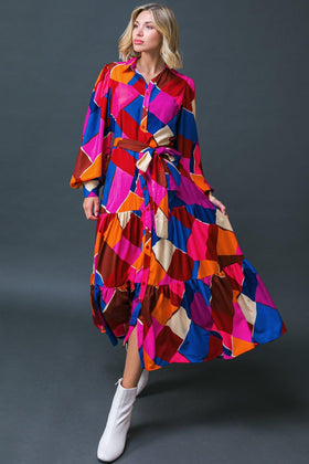 Flying Tomato 20384 Fuchsia Blue Printed Long Sleeve Midi Dress