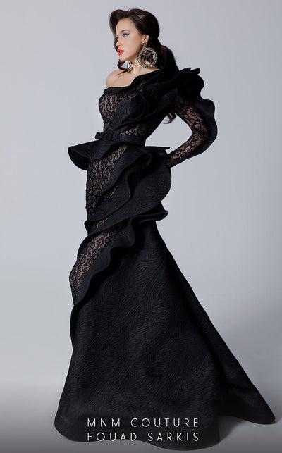 Fouad Sarkis 2735 One-Sleeve Black Lace & Ruffle Gown by MNM Couture