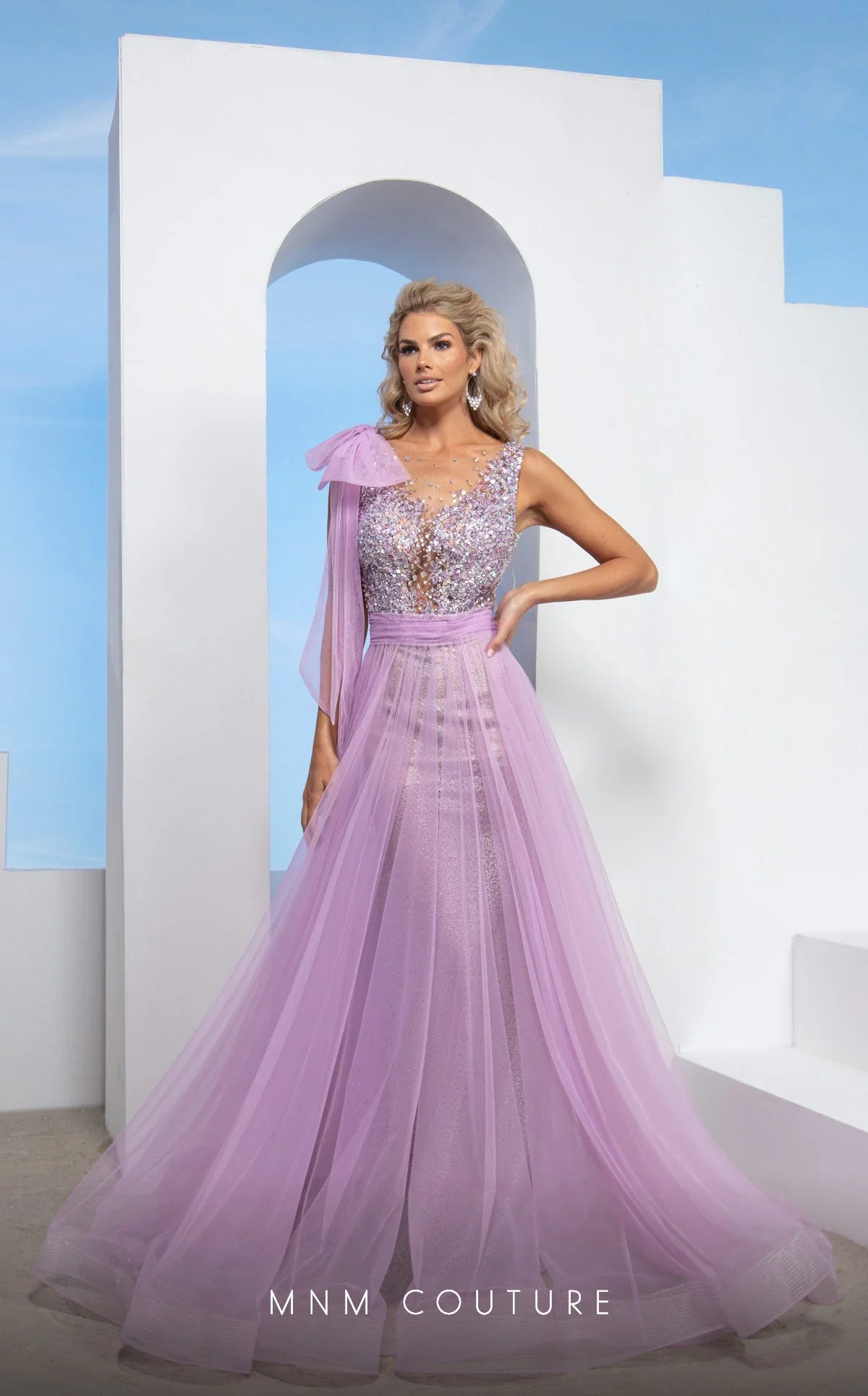 MNM Couture M0084 Lilac One-Shoulder Beaded Tulle Evening Gown
