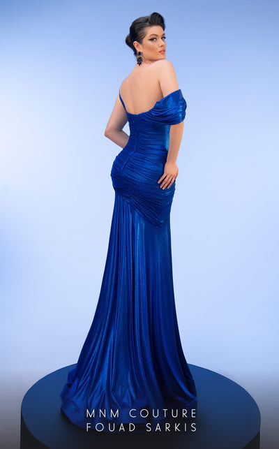 Fouad Sarkis Metallic Asymmetrical Gown: Elegance in Blue