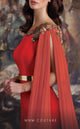 MNM Couture EZ0020 One-Shoulder Satin Gown with Cape Sleeve in Burgundy