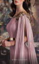 MNM Couture EZ0020 One-Shoulder Satin Gown with Cape Sleeve in Burgundy