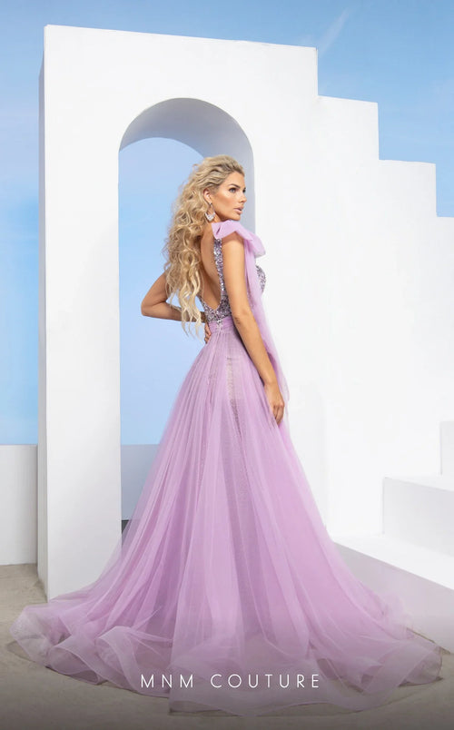 MNM Couture M0084 Lilac One-Shoulder Beaded Tulle Evening Gown