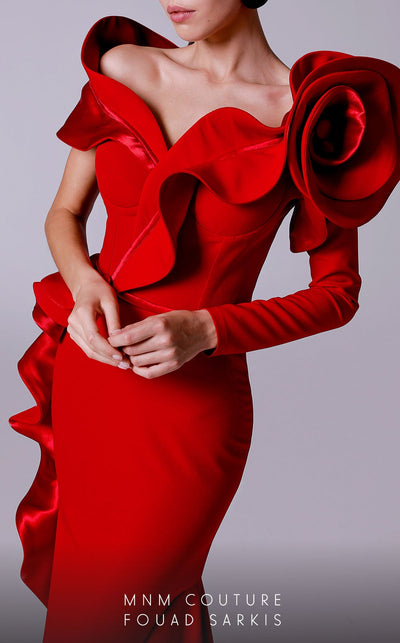 Fouad Sarkis 2714 Sculpted Ruffle Off-Shoulder Gown