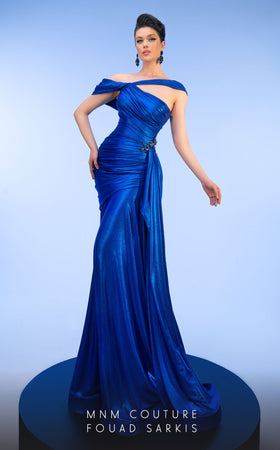 Fouad Sarkis Metallic Asymmetrical Gown: Elegance in Blue