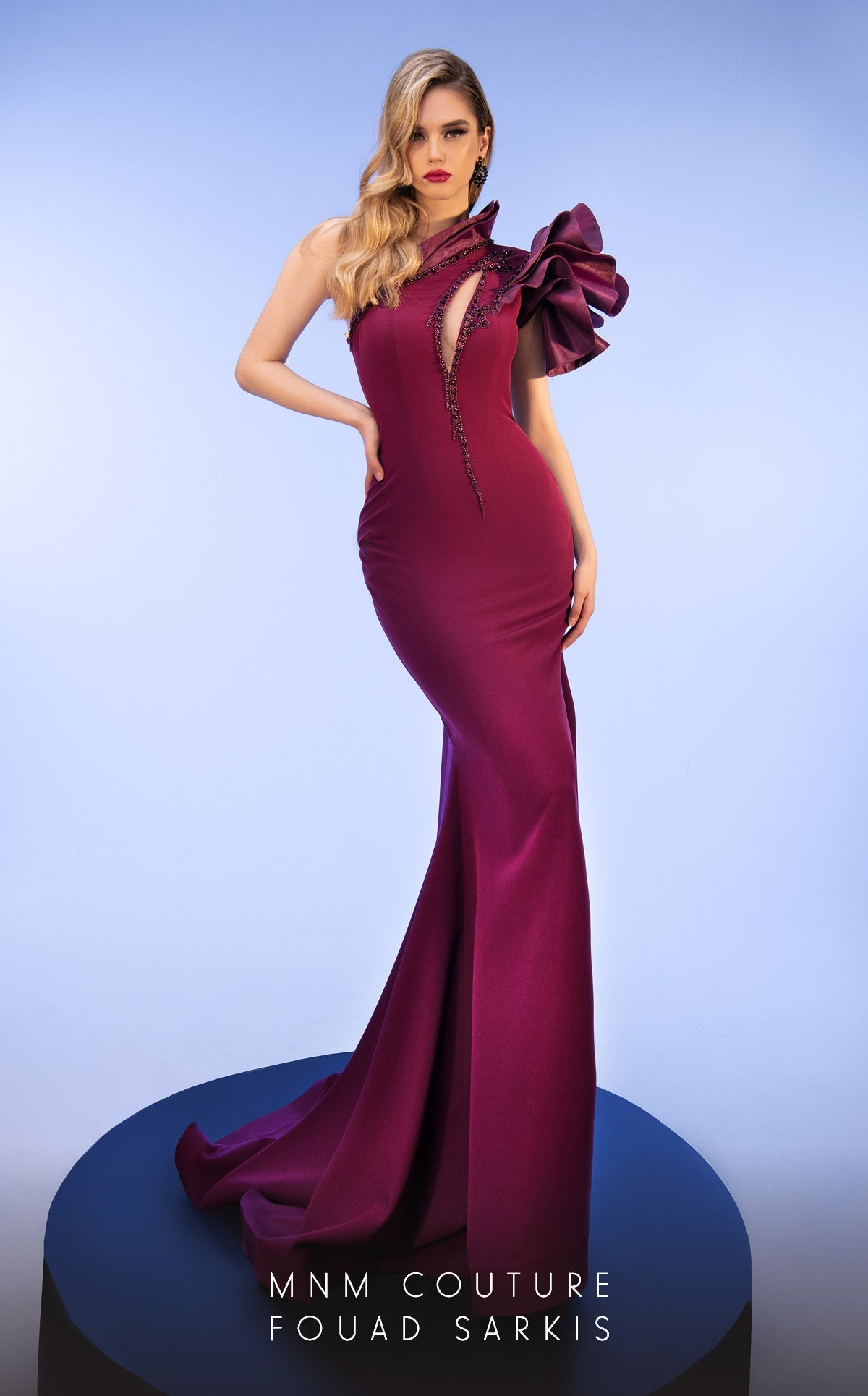 Fouad Sarkis 2736A One-Shoulder Ruffled Mermaid Gown