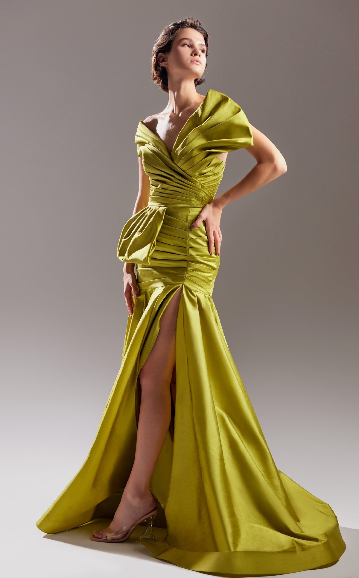 Gaby Charbachi G1542 One-Shoulder Ruched Olive Evening Gown by MNM Couture