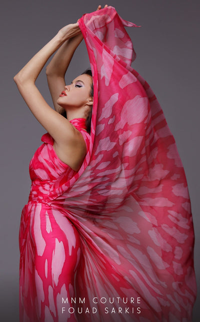 Fouad Sarkis 2734 Halter Neck Draped Print Gown