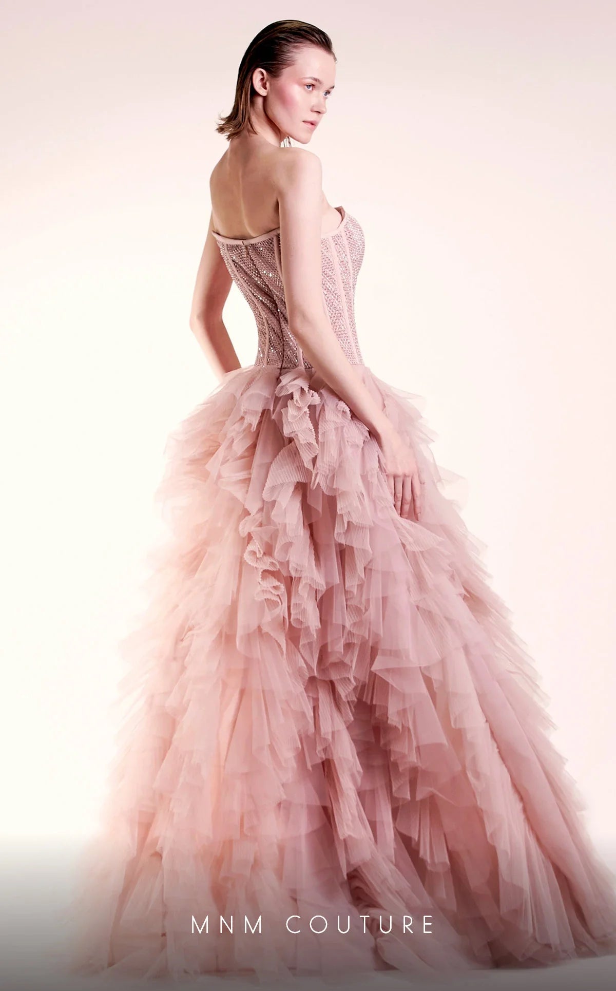 Gaby Charbachi Strapless Ruffled Tulle Corset Gown – Blush