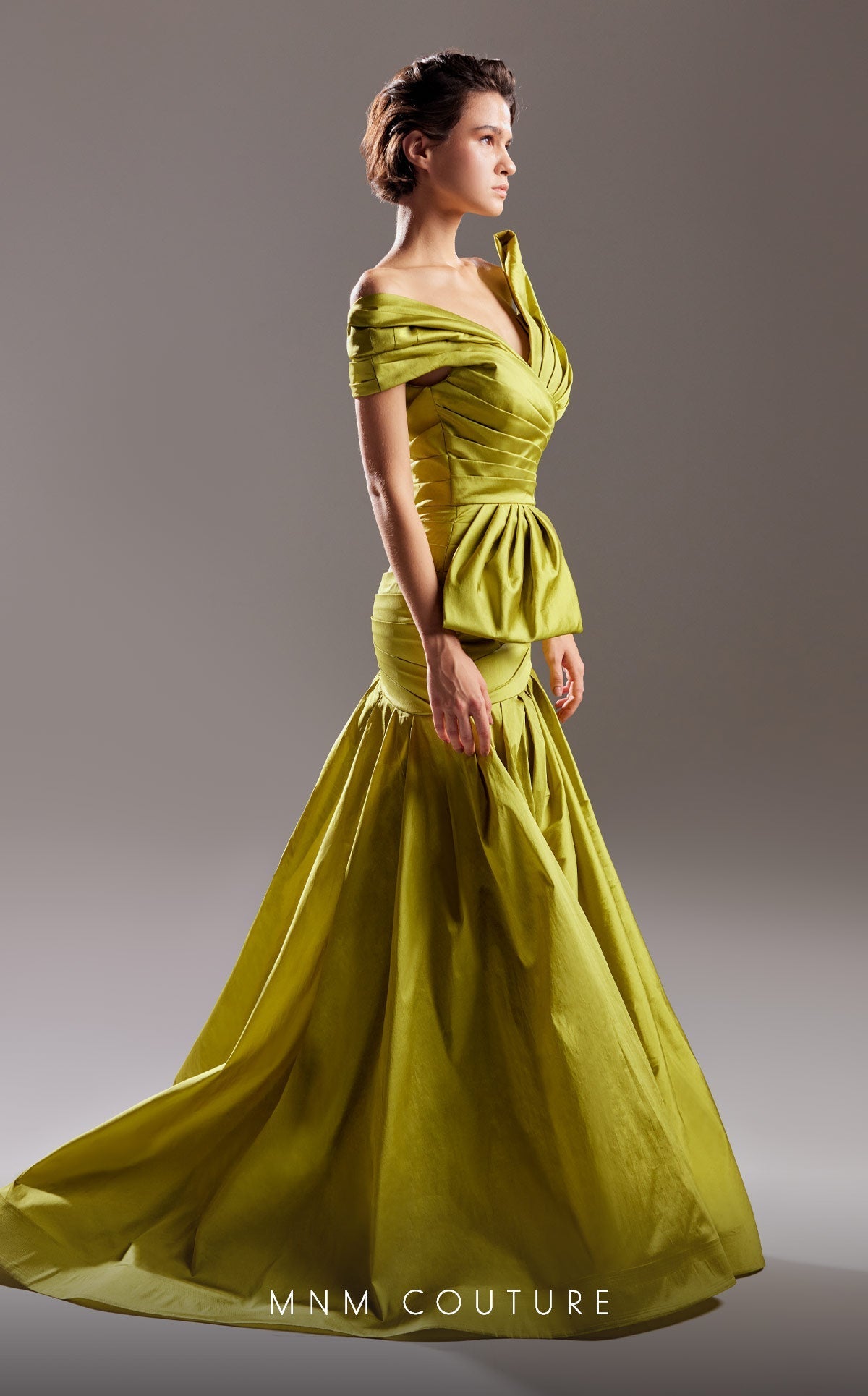Gaby Charbachi G1542 One-Shoulder Ruched Olive Evening Gown by MNM Couture