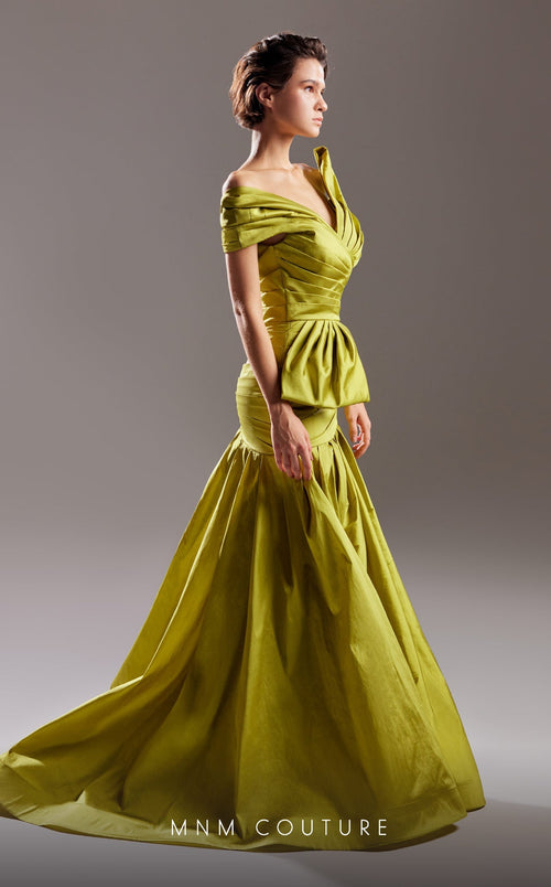 Gaby Charbachi G1542 One-Shoulder Ruched Olive Evening Gown by MNM Couture