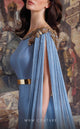 MNM Couture EZ0020 One-Shoulder Satin Gown with Cape Sleeve in Burgundy