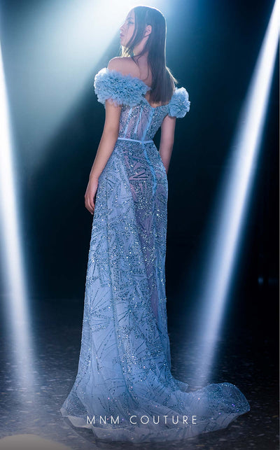 MNM Couture K3963 Blue Off-Shoulder Floral Sleeve Gown